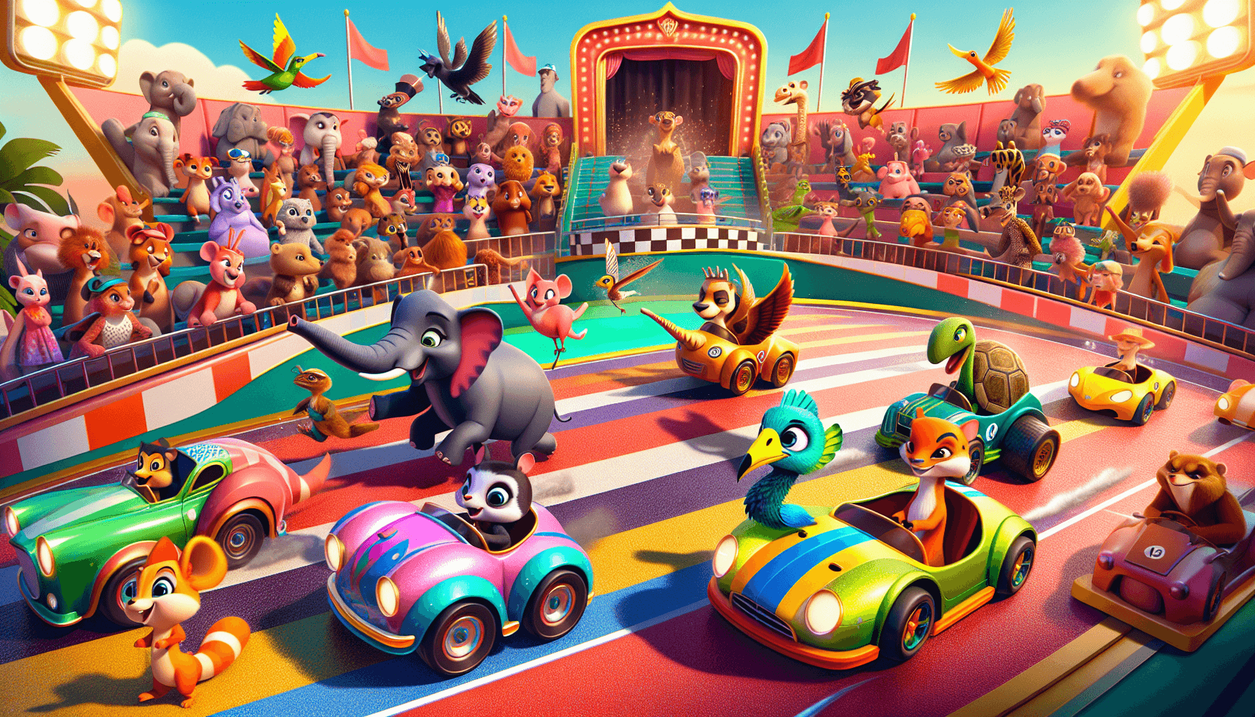 Cartoon race track with animal racers